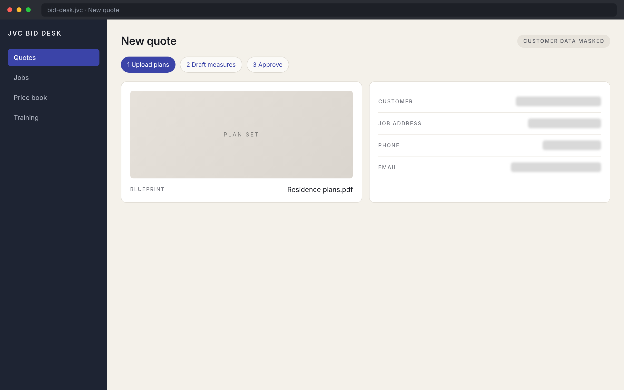 Bid Desk new quote screen with job details masked