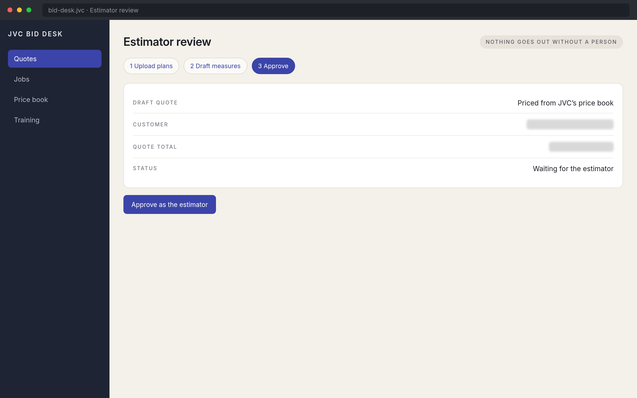 Estimator review screen with totals masked