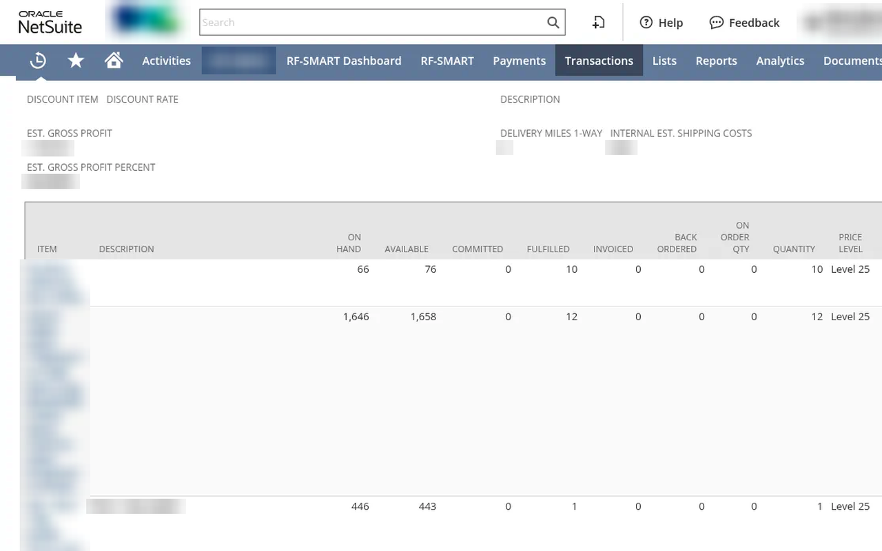 NetSuite sales order lines with stock on hand and available, customer data blurred