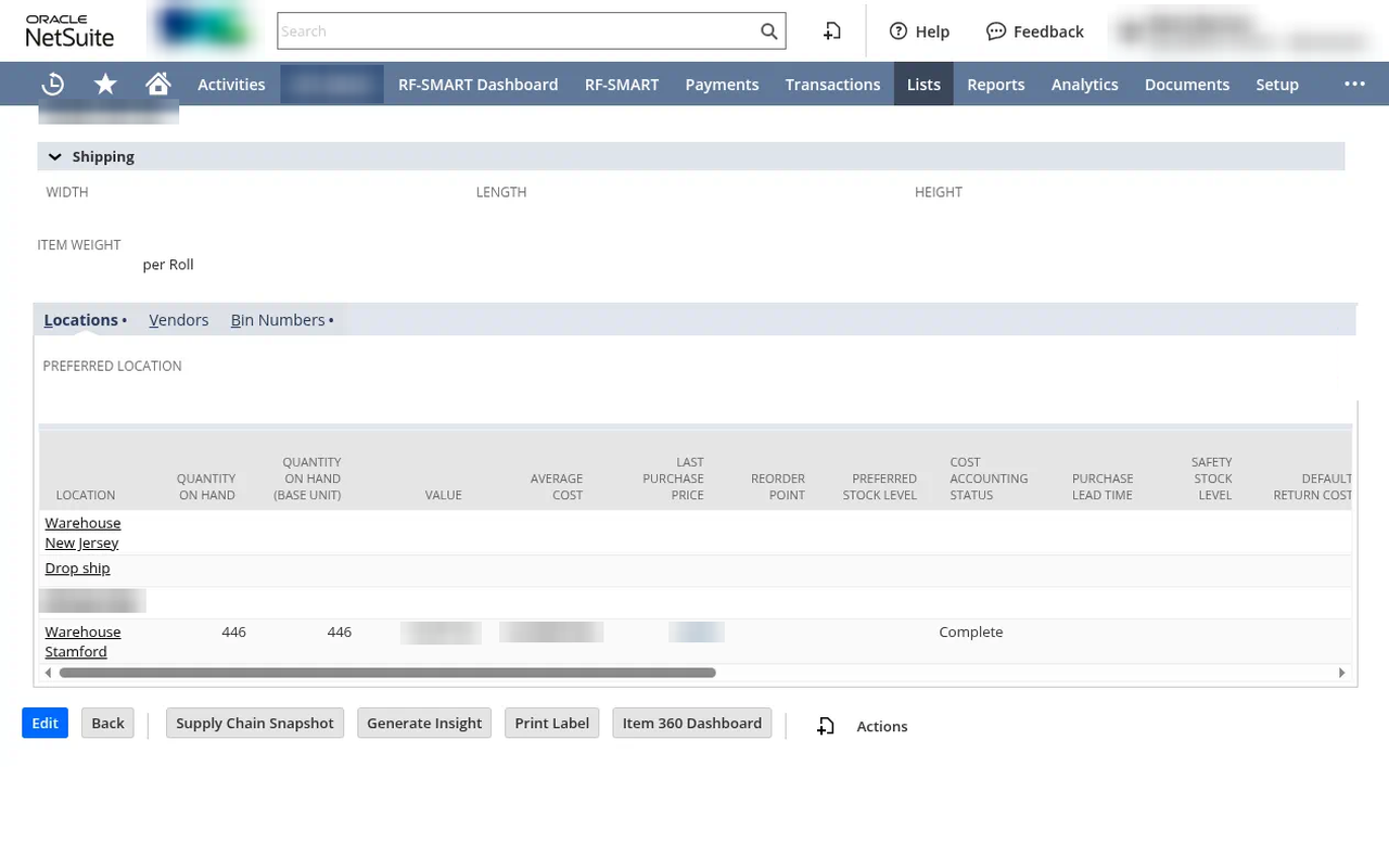 NetSuite item record with stock by warehouse location, customer data blurred