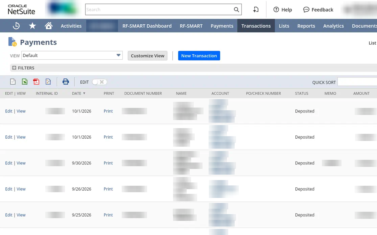 NetSuite payments list with deposited payments, customer names blurred